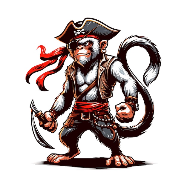 a playful and adventurous vector illustration of a pirate monkey isolated on a bright white backgro