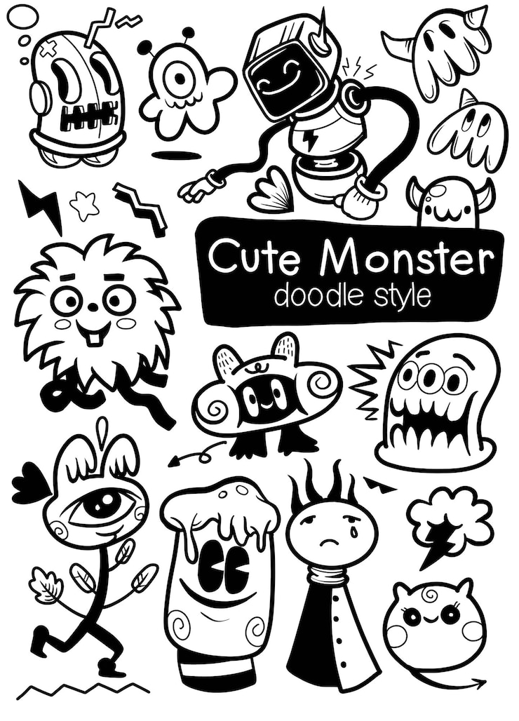 Vector a playful assortment of hand drawn cute monster doodles in black and white ideal for fun