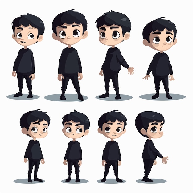 Vector playful boy kid in black multipose