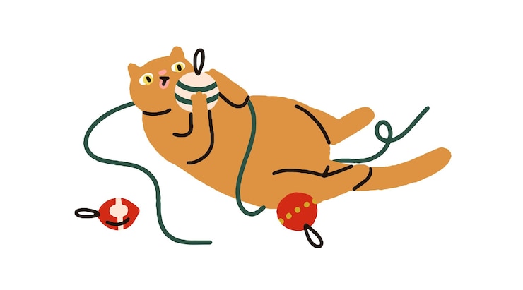 Vector playful cat playing with christmas ornaments cute funny feline with festive baubles festive decoration in paws on winter holiday comic humor flat vector illustration isolated on white background