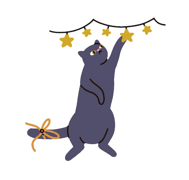Vector playful cat playing with christmas star garland festive lights ornament feline xmas fun cute funny naughty kitty on winter holiday humor flat vector illustration isolated on white background