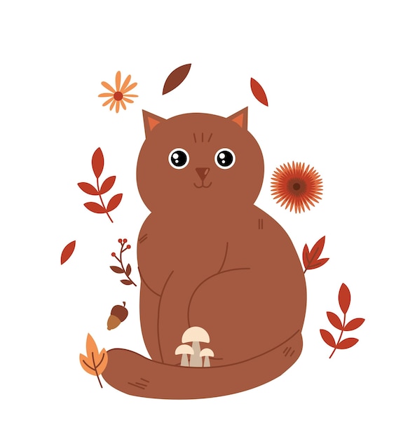 Playful cat with autumn foliage