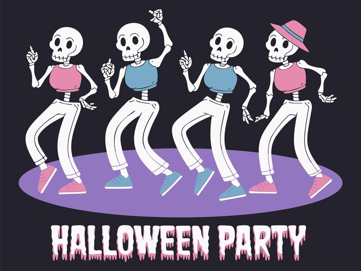 Vector playful dancing skeletons halloween party vector design