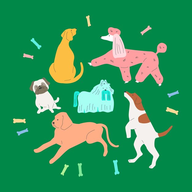 Vector playful dogs set flat vector illustration collection of funny family pets cute cheerful animals