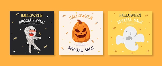 Vector playful flat halloween social media post template set