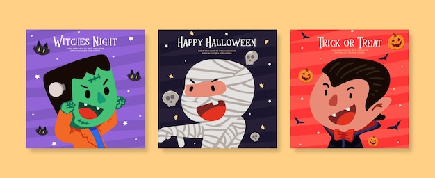 Вектор Набор шаблонов постов в социальных сетях playful flat halloween