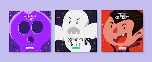 Vector playful flat halloween social media post template set