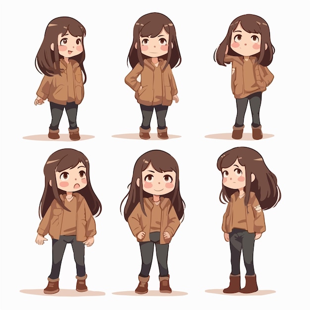 Playful girl kid in brown cartoon illustration