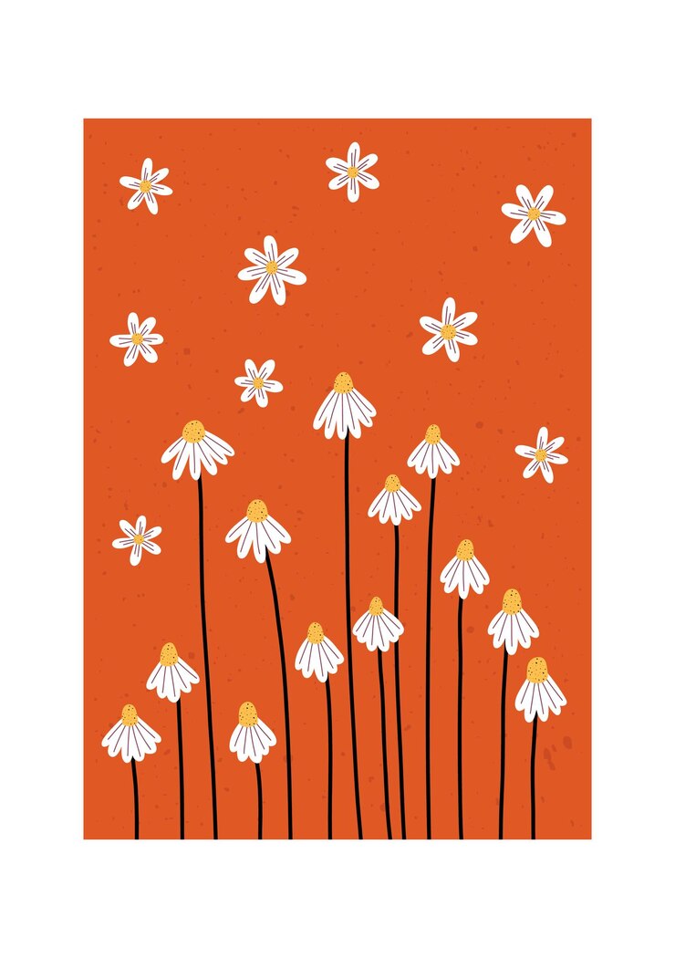 Playful hand drawn chamomile flowers on warm orange background