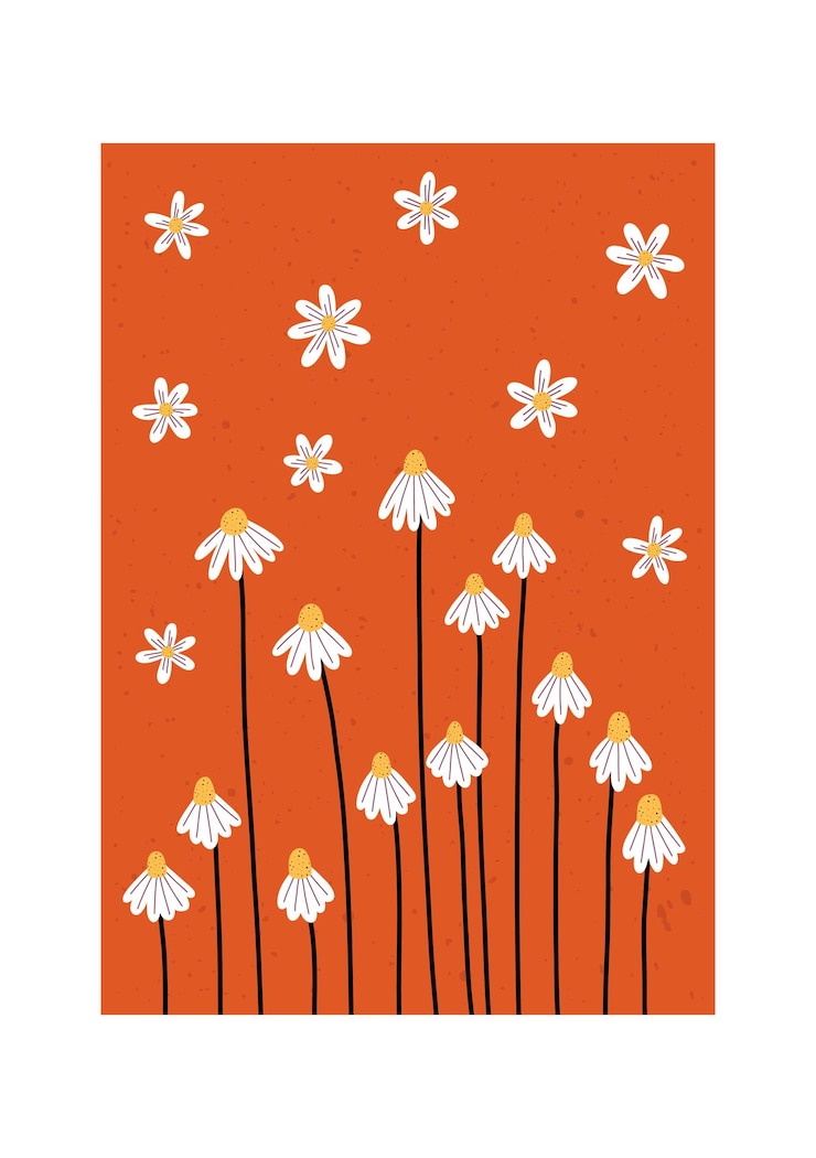 Playful hand drawn chamomile flowers on warm orange background