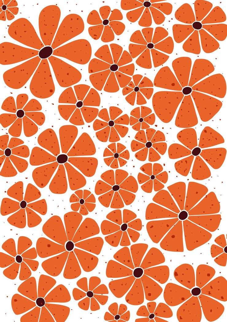 Playful hand drawn orange flowers with speckled texture arranged in a fun pattern