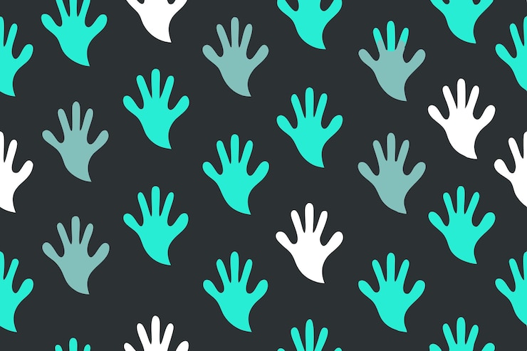 Vector playful handprints pattern turquoise white gray hand shapes on dark gray ground