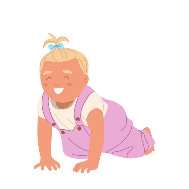 playful healthy newborn baby cartoon girl kid character crawling isolated on white background