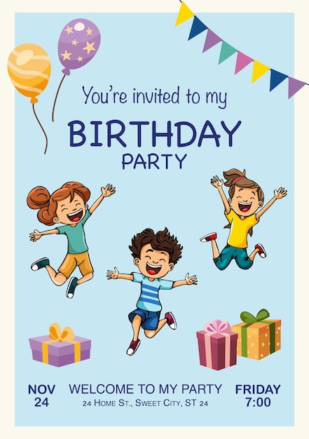 遊び心のある子供たちの誕生日招待状でバルーンとプレゼントがついています