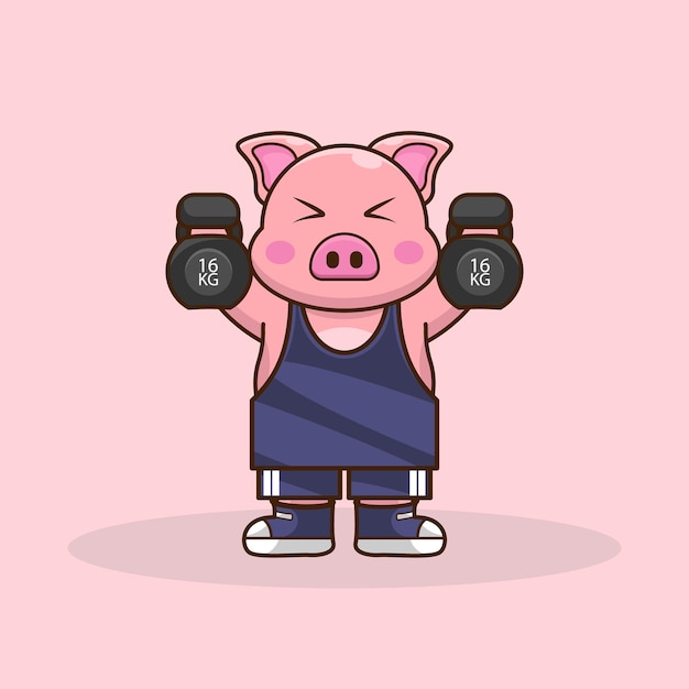 Vector playful and loyal pig lifting kettlebells