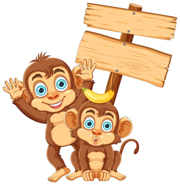 Vector playful monkey holding wooden board sign