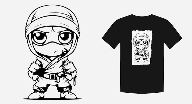 Giocoso bambino ninja in stile cartone animato monocromatico ideale per stampe camicie e loghi illustrazione vettoriale espressiva e avventurosa