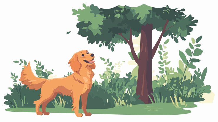 Vector playful nova scotia duck tolling retriever dog near tree in forest