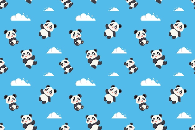 playful pandas floating amongst fluffy white clouds