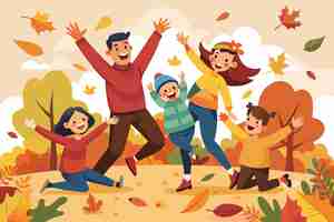 Vector a playful of parents and children jumping into a pile utumn leaves with laughter and smiles all around