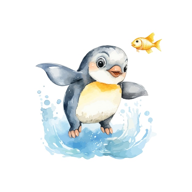 Playful Penguin and Fish Watercolor Art