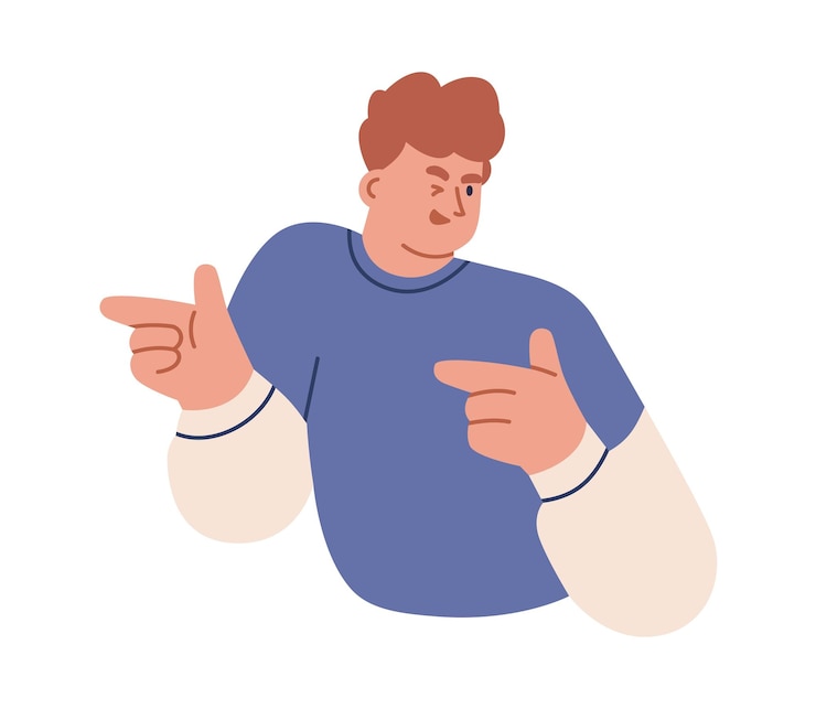 Vector playful person winking and pointing with fingers happy confident seductive man with you gesture smiling positive cool guy seducer hinting flat vector illustration isolated on white background