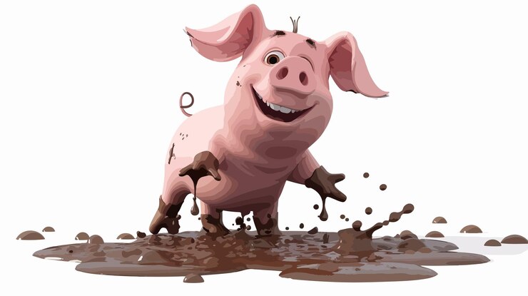 Vector playful pig cartoon in muddy fun vector illustration