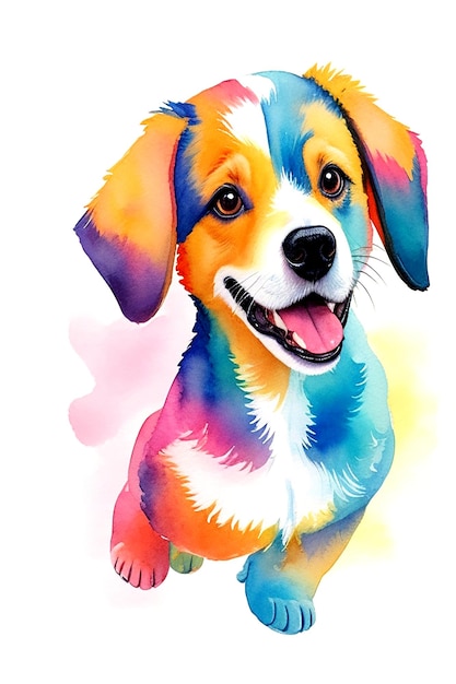 レトロな美学を完璧なカラフルな水彩効果で表現した遊び心のある子犬