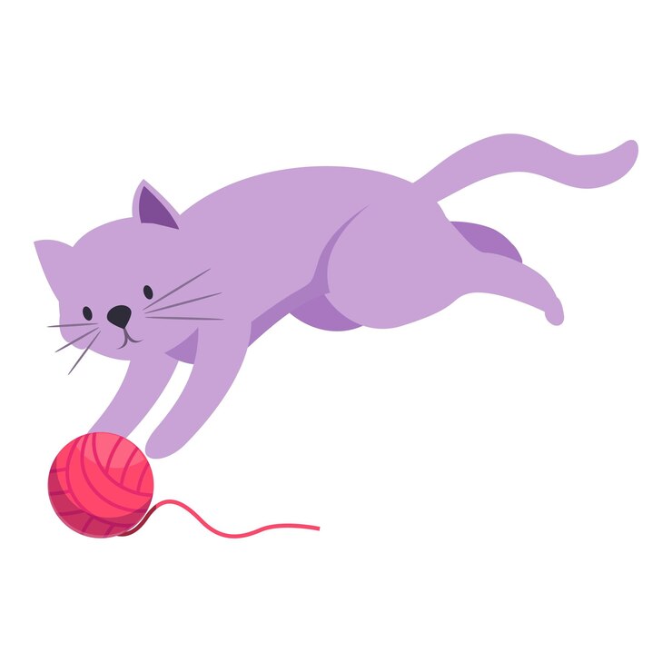 Vector playful purple cat jumping and catching yarn ball