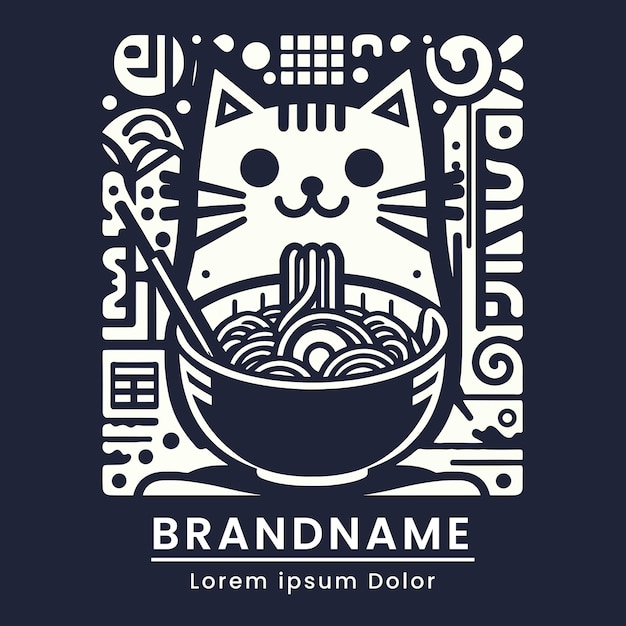 Vettore design giocoso del logo del gatto ramen con stile giapponese combina neko e noodle