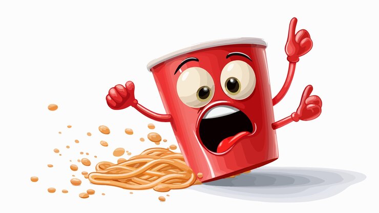 Vector playful red cup noodle character falling down cute and funny illustration for design projects