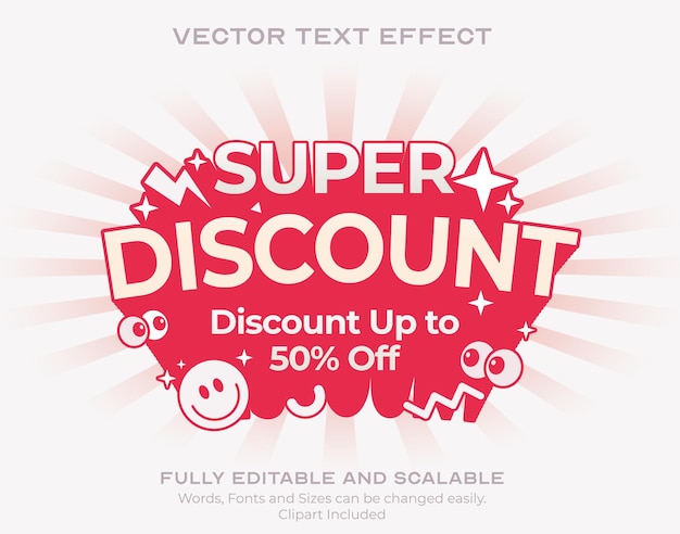 Playful Retro memphis Text effect super discount with clipart sticker