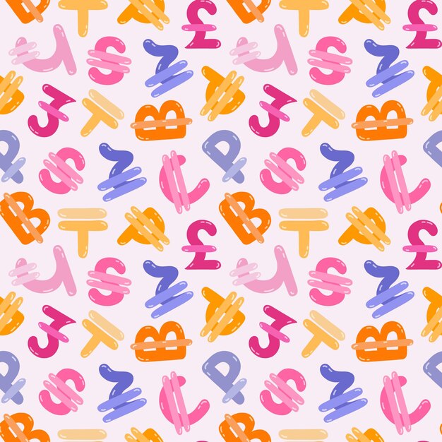 Vector playful simple seamless pattern with different international currency symbols bright background with hand drawn doodle of money signs in naive style for wrapping paper background fabric scrapbook