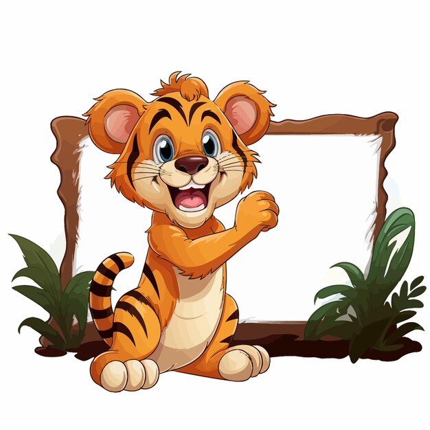 Vettore playful_tiger_cartoon_standing_in_front_of_signboared