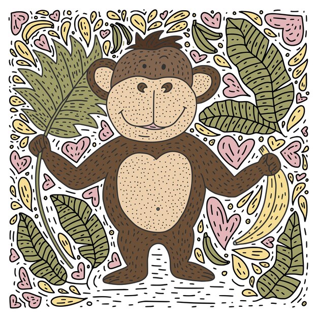 Playful vector card with doodle hand drawn a monkey bananas and palm leaves