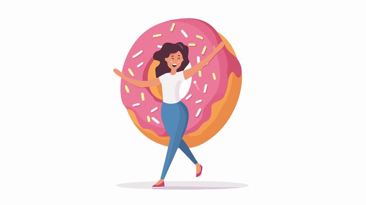 Vector playful woman enjoying giant decorative donut in flat lay composition