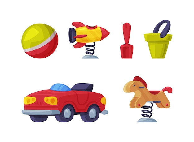 Playground equipment with toys and roundabout vector illustration set