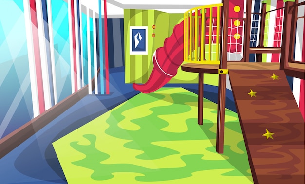 Parco giochi a scuola con scivoli a tunnel e scale, scatola piena di giocattoli e bambole per l'interior design vettoriale