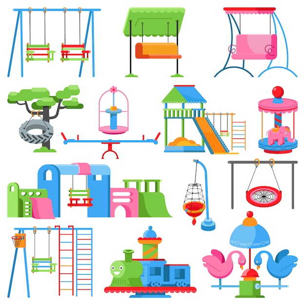 Playground vector kids park to play swing slide outdoor for fun illustration set 