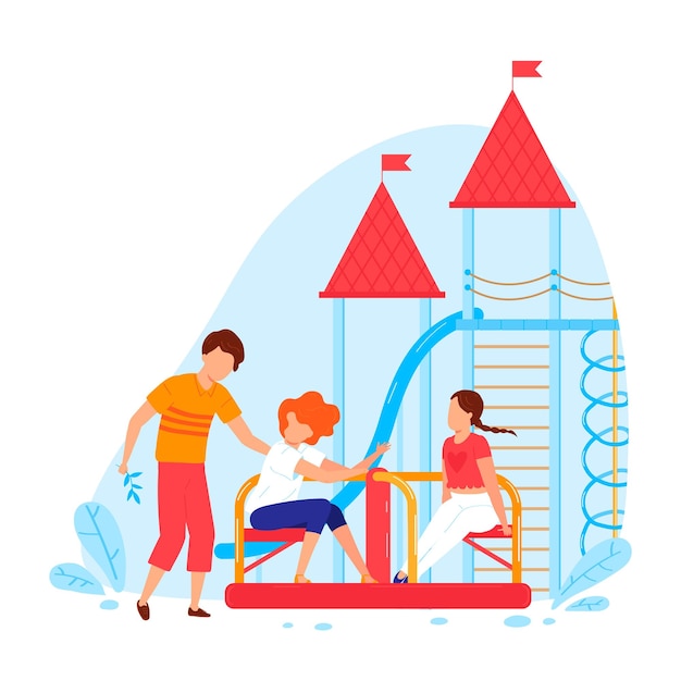 Parco giochi con diapositiva cartone animato ragazzo ragazza gioca insieme isolato su illustrazione vettoriale bianca carino ragazzino si diverte al parco fuori sfondo
