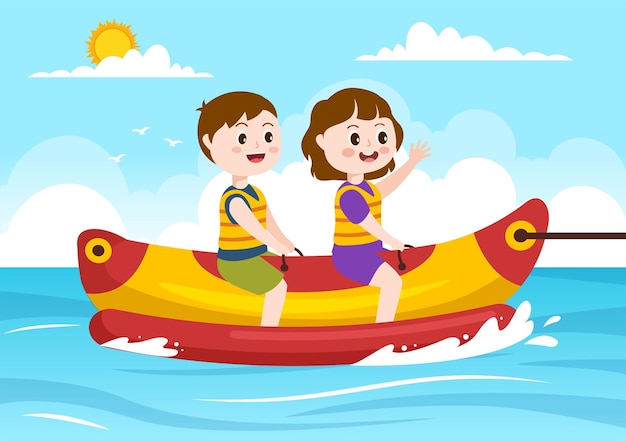 Playing Banana Boat and Jet Ski Holidays on the Sea in Beach Activities Hand Drawn Illustration