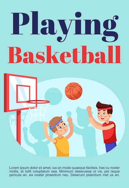 Modello di brochure per giocare a basket. volantino, opuscolo, concetto di volantino con illustrazioni piatte. layout del fumetto di pagina vettoriale per la rivista. sezione sportiva per inviti pubblicitari per bambini con spazio di testo