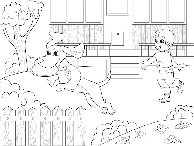 어린이 만화 벡터 삽화를 위한 프리스비 색칠하기 책에서 강아지와 함께 자연 속에서 소년을 노는 것