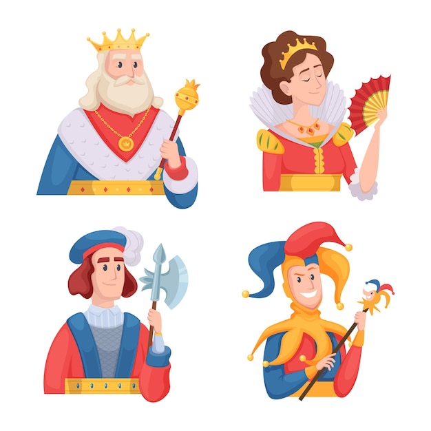 Vettore personaggi delle carte da gioco cartoon mascotte per il design del gioco jack queen king joker tattoo persona fortunata uomini e donne illustrazioni vettoriali esatte