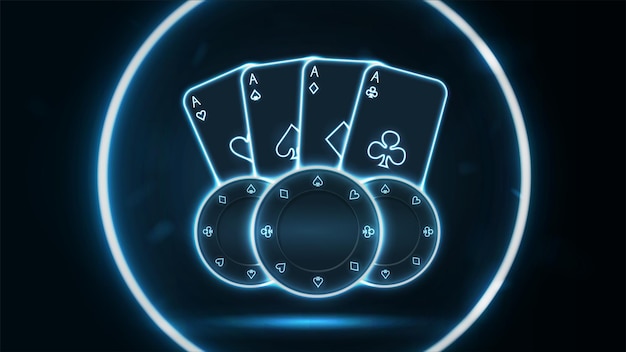 Playing cards and poker chips in a neon circle