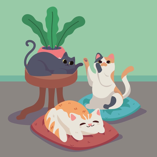 playing cute cats and plant