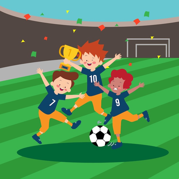 子供の幸せなデザイン フラット イラストのサッカーをする