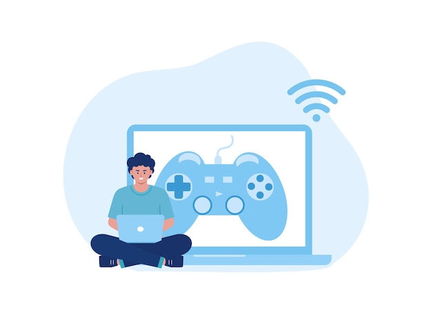 Playing games on the computer concept flat illustration