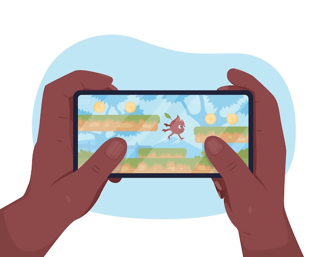 Vector playing games on smartphone 2d vector isolated illustration. gamer with cellphone. play platformer. holding mobile phone flat first view hand on cartoon background. gamification colourful scene