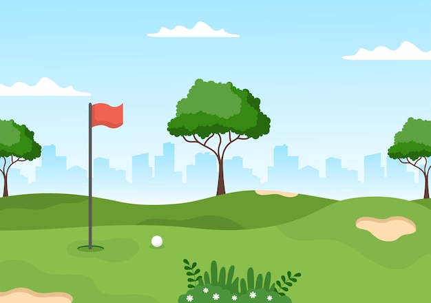 屋外の庭の緑の植物で旗や機器を使ってゴルフスポーツのイラストを再生する